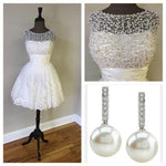 Load image into Gallery viewer, Cute A Line Cap Sleeves White Lace Homecoming Dresses Pearl Beaded
