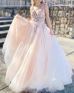 Cargar imagen en el visor de la galería, Lace Embroidery Beaded V-neck Tulle Open Back Prom Dresses
