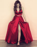 Cargar imagen en el visor de la galería, Two Piece Prom Dresses Long Satin Split Party Gowns
