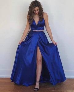 Two Piece Prom Dresses Long Satin Split Party Gowns