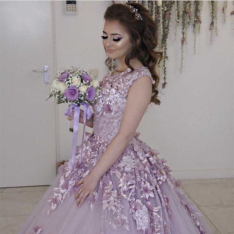 Lilac Tulle Cap Sleeves Wedding Dresses With Floral Flowers