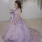 Load image into Gallery viewer, Lilac Tulle Cap Sleeves Wedding Dresses With Floral Flowers
