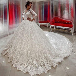 Modest 3/4 Sleeves Ball Gowns Lace Wedding Dresses