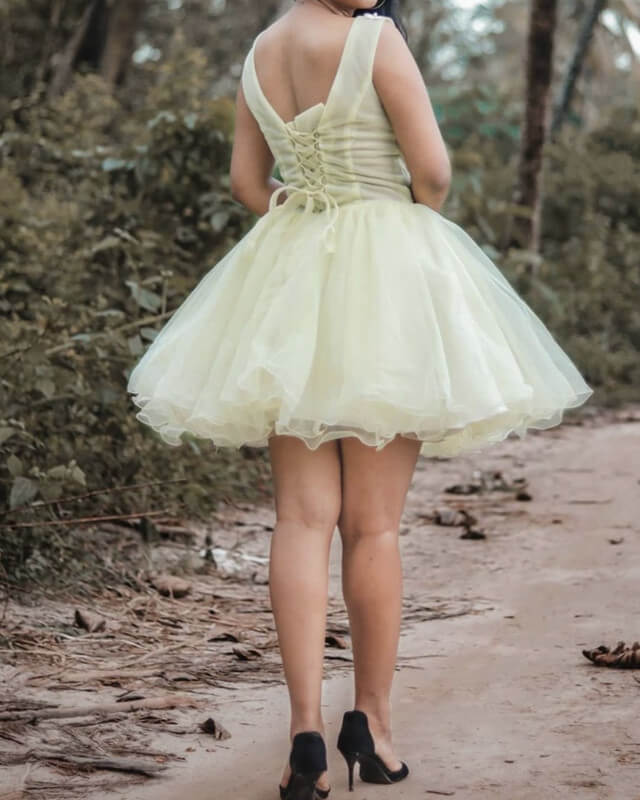 Light Yellow Tulle Homecoming Dress With Floral Lace