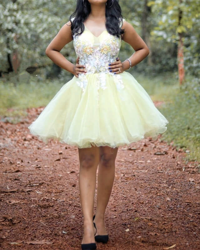 Light Yellow Tulle Homecoming Dress With Floral Lace