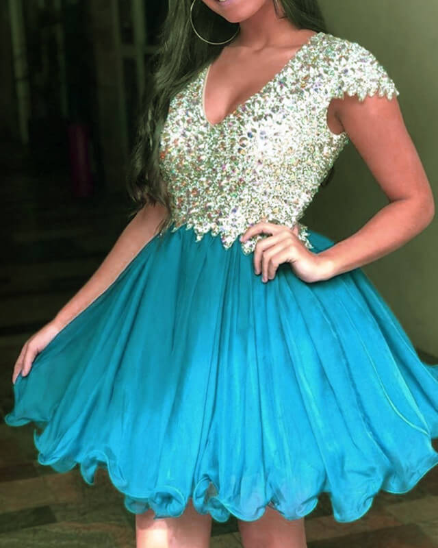 Teal Ruffles Beaded Cap Sleeve Homecoming Dress