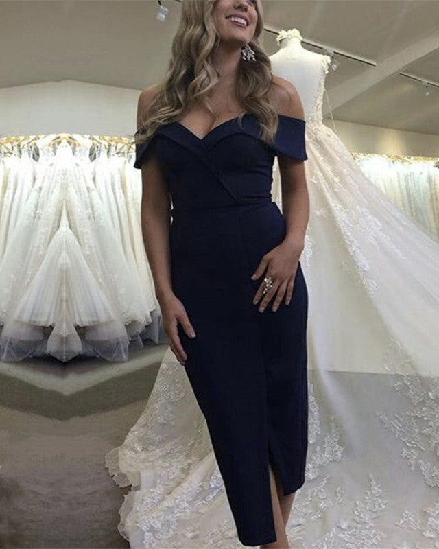 Navy-Blue-Bridesmaid-Dresses-Tea-Length-Party-Dress