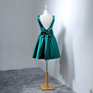 Hunter Green Satin Homecoming Dresses Short Bow Back Prom Gowns