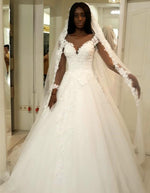 Load image into Gallery viewer, Sheer Long Sleeves Princess Wedding Gowns Lace Appliques
