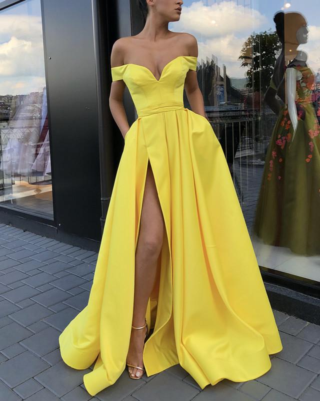 Yellow-Evening-Dresses-Off-Shoulder-Long-Satin-Prom-Gowns-2018