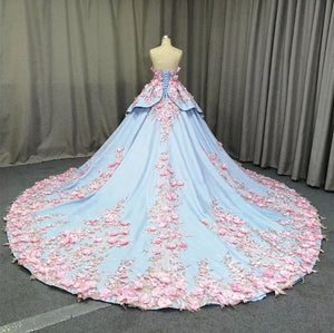 Amazing 3D Floral Lace Flower Satin Wedding Dresses Sweetheart Ball Gowns