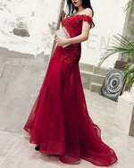 Cargar imagen en el visor de la galería, Off Shoulder Tulle Mermaid Evening Dresses Lace Beaded Prom Gown
