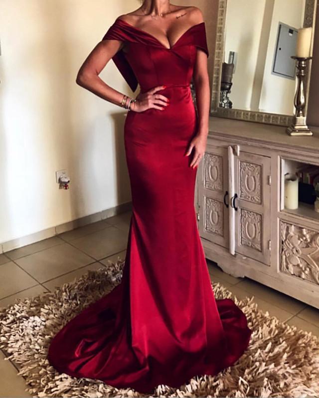 Burgundy-Prom-Dresses-Mermaid-V-neck-Off-The-Shoulder-Evening-Gowns