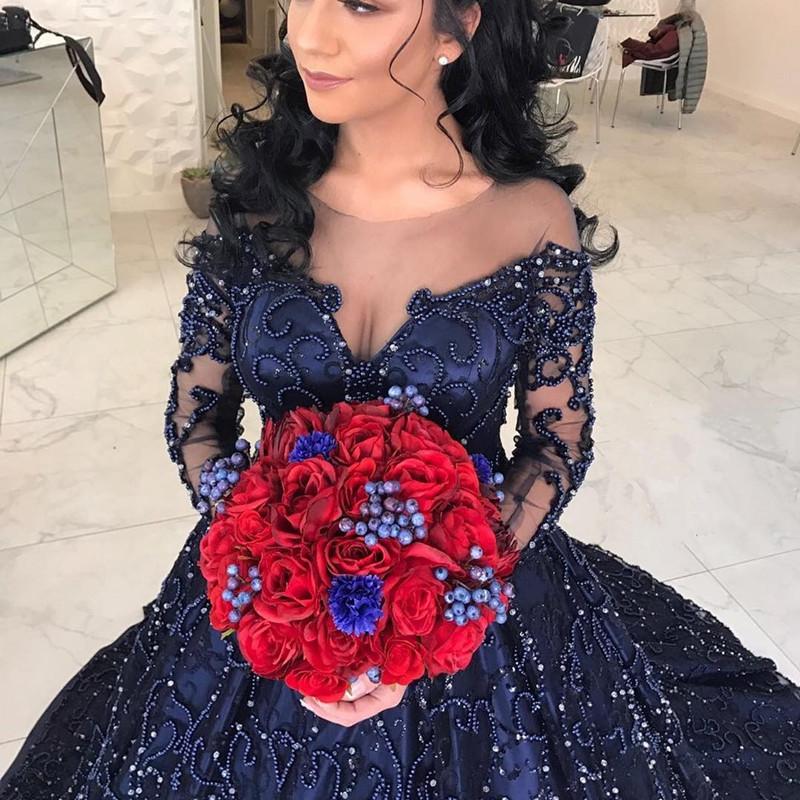 Navy Blue Satin Long Sleeves Wedding Dresses Ball Gowns With Embroidery Beaded