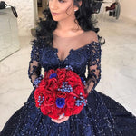 Load image into Gallery viewer, Navy Blue Satin Long Sleeves Wedding Dresses Ball Gowns With Embroidery Beaded
