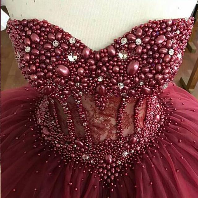 Pearl Beading Sweetheart Bodice Corset Wedding Dresses Burgundy