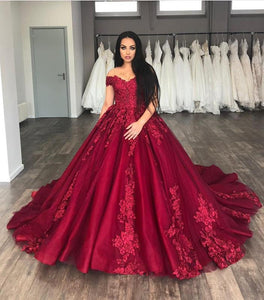 Maroon-Wedding-Dresses-Lace-Ballgowns-Off-Shoulder