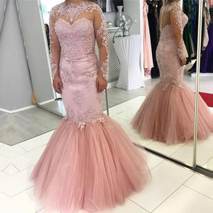 Pink Lace Appliques Long Sleeves Mermaid Evening Dresses