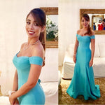 Cargar imagen en el visor de la galería, Turquoise Satin Mermaid Backless Evening Gowns Off The Shoulder
