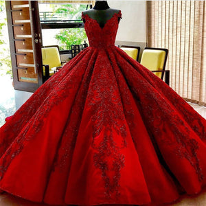 Red Wedding Dresses Ball Gowns Lace Embroidery