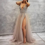 Load image into Gallery viewer, Sexy Deep V Neck Long Tulle Slit Prom Dresses 2018 Beaded Evening Gowns
