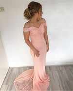 Load image into Gallery viewer, Mermaid Sweep Train Off Shoulder Prom Dresses Lace Appliques
