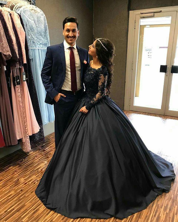 Navy Blue Satin Wedding Dresses Ball Gowns Lace Long Sleeves